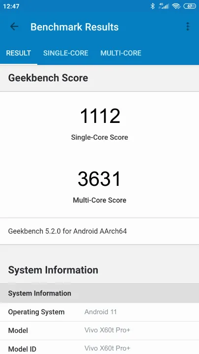 Vivo X60t Pro+ Geekbench Benchmark результаты теста (score / баллы)