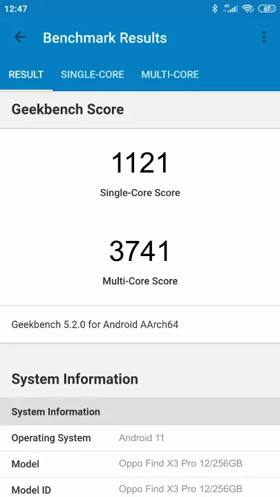 Oppo Find X3 Pro 12/256GB Geekbench Benchmark результаты теста (score / баллы)