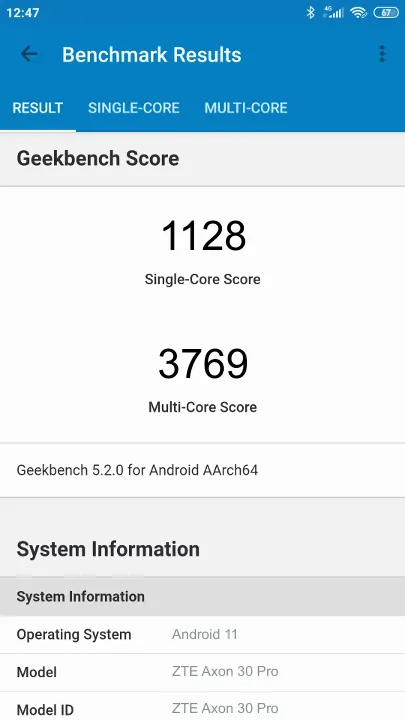 ZTE Axon 30 Pro Geekbench Benchmark результаты теста (score / баллы)