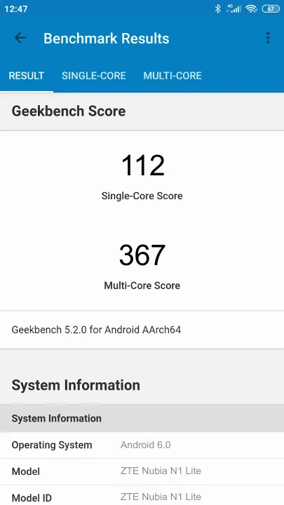 ZTE Nubia N1 Lite Geekbench Benchmark результаты теста (score / баллы)