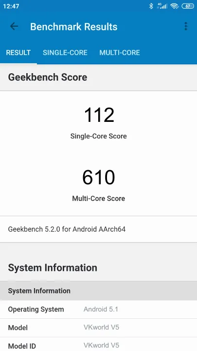 VKworld V5 Geekbench Benchmark результаты теста (score / баллы)
