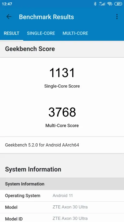 ZTE Axon 30 Ultra Geekbench Benchmark результаты теста (score / баллы)