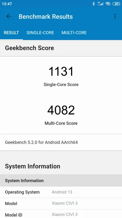 Xiaomi CIVI 3 Geekbench Benchmark результаты теста (score / баллы)