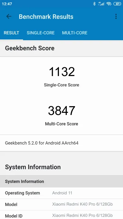 Xiaomi Redmi K40 Pro 6/128Gb Geekbench Benchmark результаты теста (score / баллы)