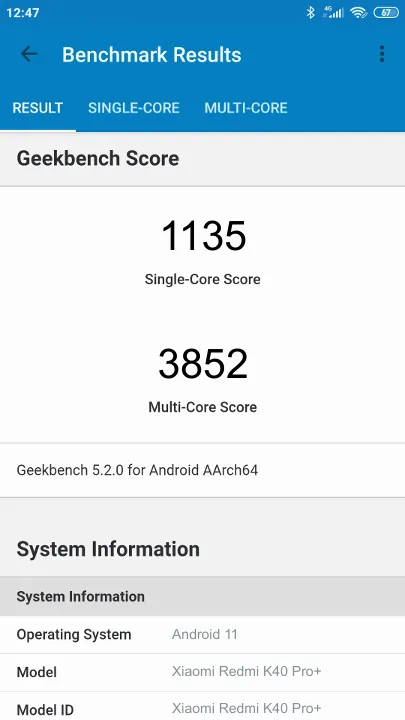 Xiaomi Redmi K40 Pro+ Geekbench Benchmark результаты теста (score / баллы)