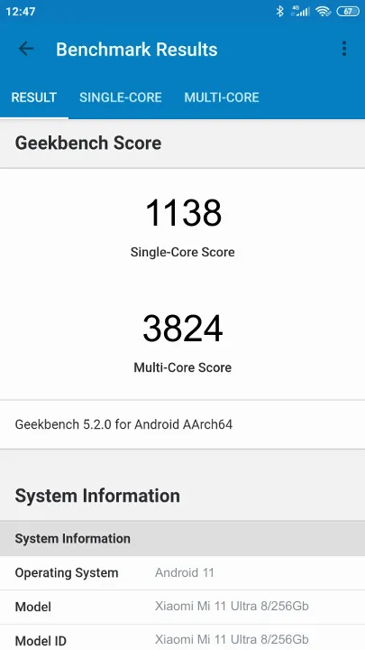 Xiaomi Mi 11 Ultra 8/256Gb Geekbench Benchmark результаты теста (score / баллы)