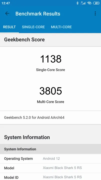 Xiaomi Black Shark 5 RS Geekbench Benchmark результаты теста (score / баллы)