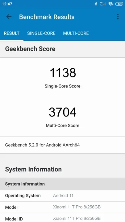 Xiaomi 11T Pro 8/256GB Geekbench Benchmark результаты теста (score / баллы)