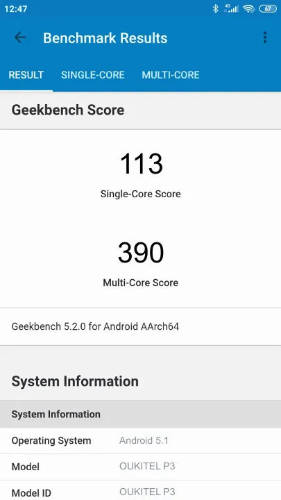OUKITEL P3 Geekbench Benchmark результаты теста (score / баллы)