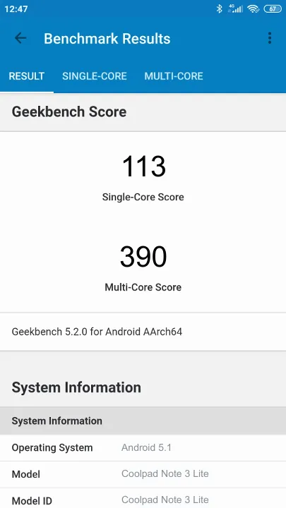 Coolpad Note 3 Lite Geekbench Benchmark результаты теста (score / баллы)