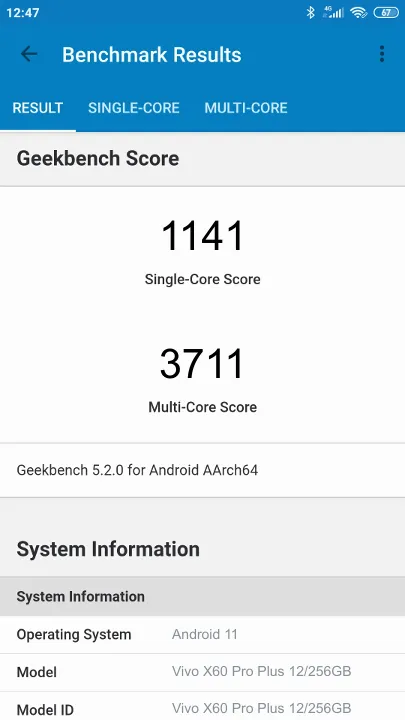 Vivo X60 Pro+ 12/256GB Geekbench Benchmark результаты теста (score / баллы)