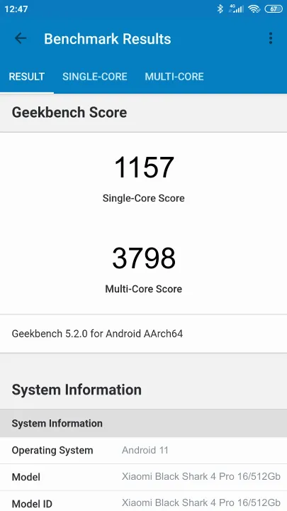 Xiaomi Black Shark 4 Pro 16/512Gb Geekbench Benchmark результаты теста (score / баллы)
