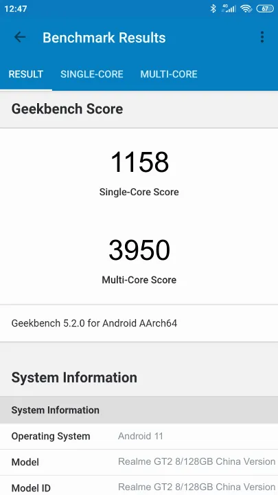 Realme GT2 8/128GB China Version Geekbench Benchmark результаты теста (score / баллы)