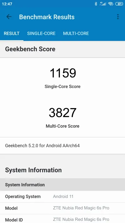 ZTE Nubia Red Magic 6s Pro Geekbench Benchmark результаты теста (score / баллы)