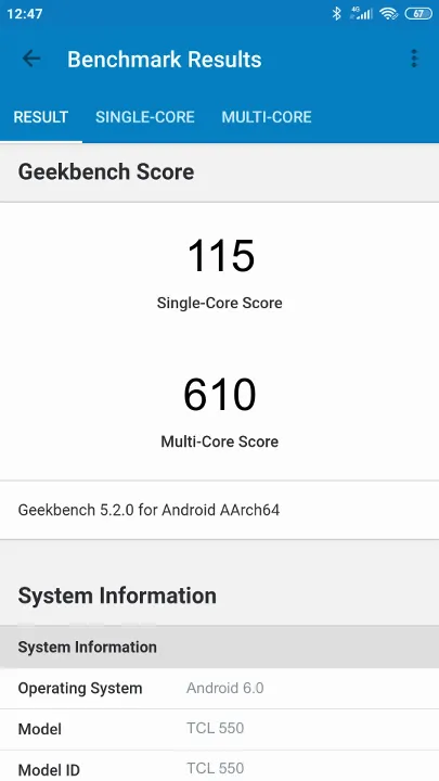 TCL 550 Geekbench Benchmark результаты теста (score / баллы)