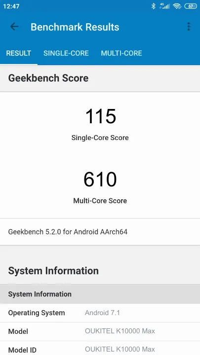 OUKITEL K10000 Max Geekbench Benchmark результаты теста (score / баллы)