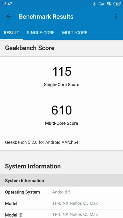 TP-LINK Neffos C5 Max Geekbench Benchmark результаты теста (score / баллы)