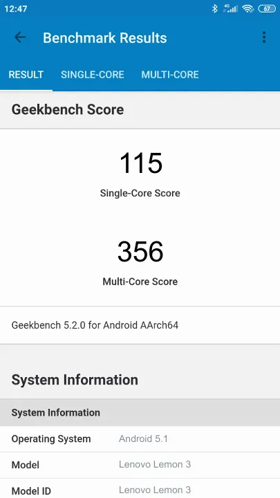 Lenovo Lemon 3 Geekbench Benchmark результаты теста (score / баллы)