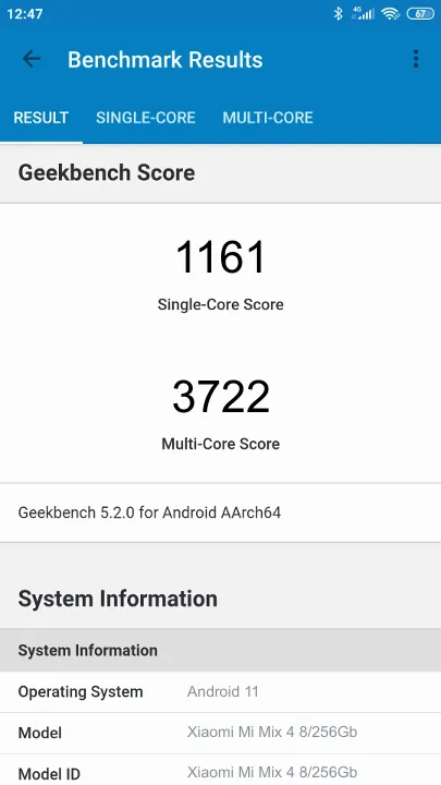 Xiaomi Mi Mix 4 8/256Gb Geekbench Benchmark результаты теста (score / баллы)