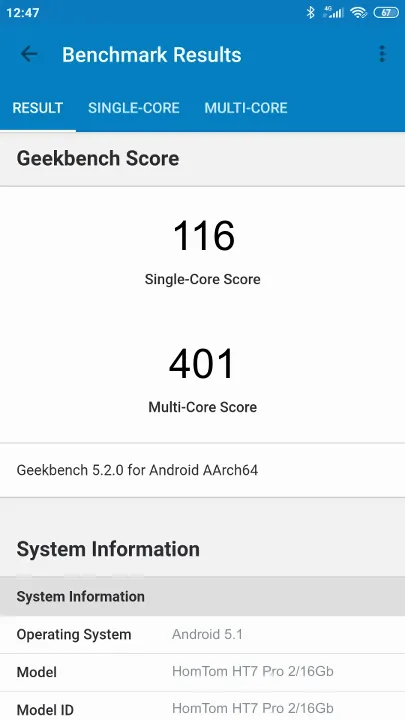 HomTom HT7 Pro 2/16Gb Geekbench Benchmark результаты теста (score / баллы)