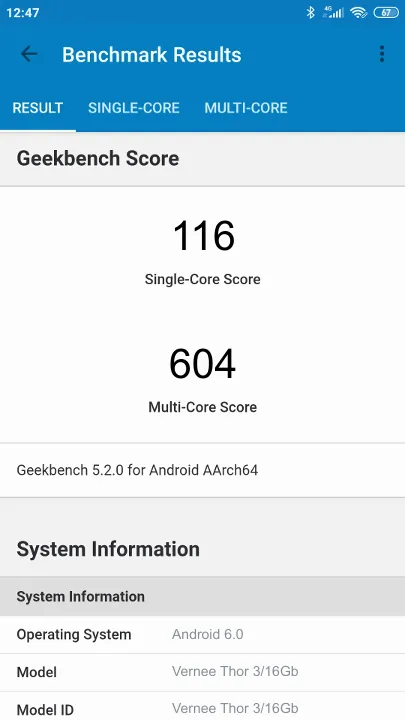 Vernee Thor 3/16Gb Geekbench Benchmark результаты теста (score / баллы)