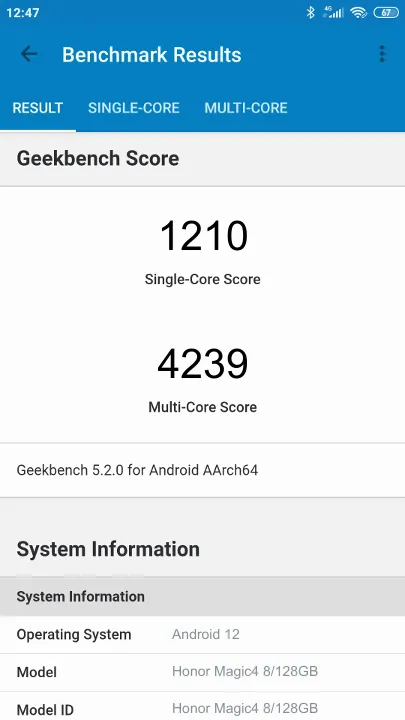 Honor Magic4 8/128GB Geekbench Benchmark результаты теста (score / баллы)