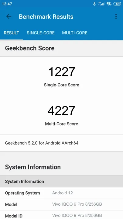 Vivo IQOO 9 Pro 8/256GB Geekbench Benchmark результаты теста (score / баллы)