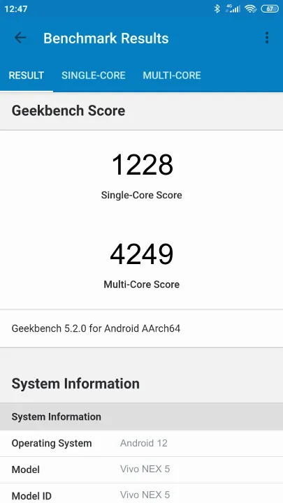 Vivo NEX 5 Geekbench Benchmark результаты теста (score / баллы)