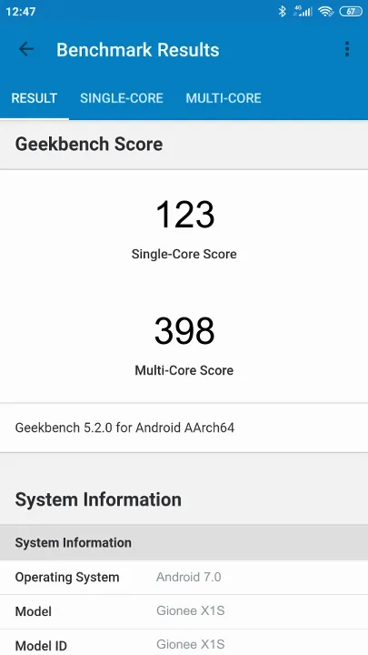 Gionee X1S Geekbench Benchmark результаты теста (score / баллы)