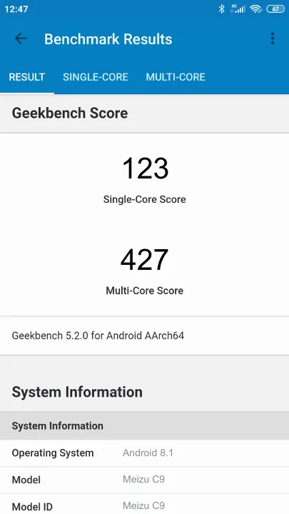 Meizu C9 Geekbench Benchmark результаты теста (score / баллы)