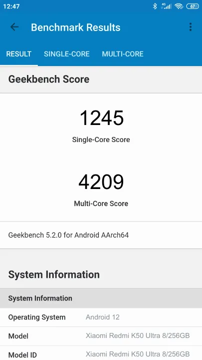 Xiaomi Redmi K50 Ultra 8/256GB Geekbench Benchmark результаты теста (score / баллы)