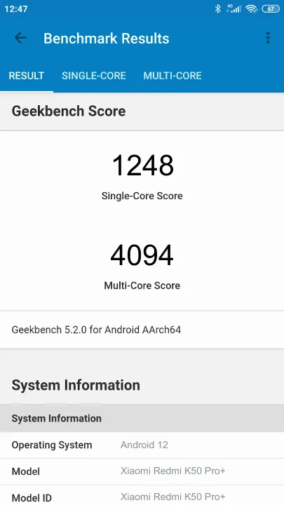 Xiaomi Redmi K50 Pro+ Geekbench Benchmark результаты теста (score / баллы)