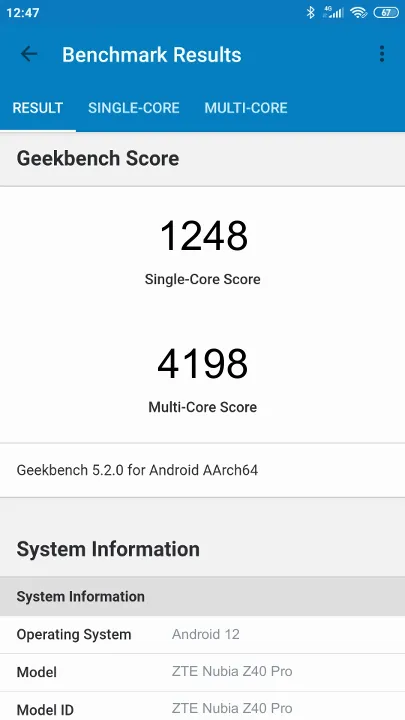 ZTE Nubia Z40 Pro Geekbench Benchmark результаты теста (score / баллы)