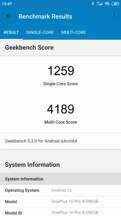 OnePlus 10 Pro 8/256GB Geekbench Benchmark результаты теста (score / баллы)