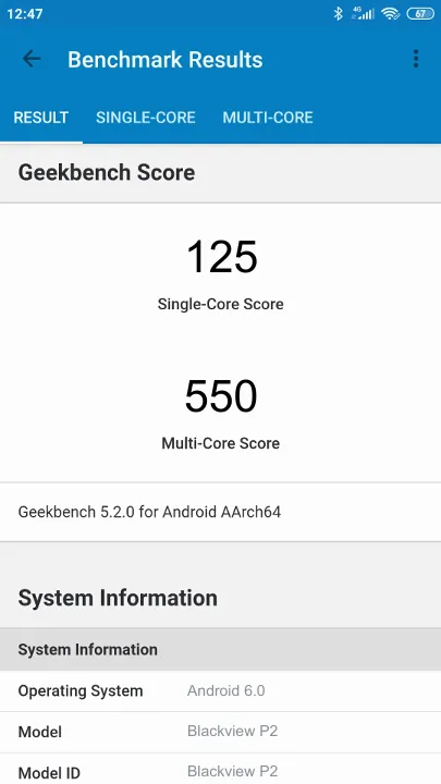 Blackview P2 Geekbench Benchmark результаты теста (score / баллы)