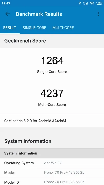 Honor 70 Pro+ 12/256Gb Global Version Geekbench Benchmark результаты теста (score / баллы)