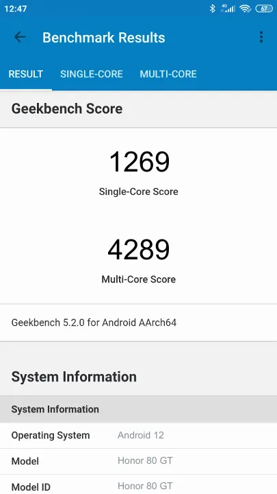 Honor 80 GT Geekbench Benchmark результаты теста (score / баллы)