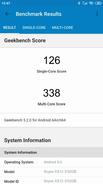 Soyes XS12 3/32GB Geekbench Benchmark результаты теста (score / баллы)