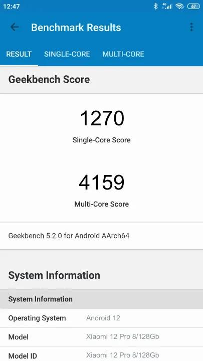 Xiaomi 12 Pro 8/128Gb GLOBAL ROM Geekbench Benchmark результаты теста (score / баллы)