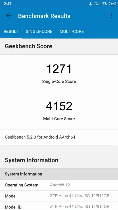 ZTE Axon 41 Ultra 5G 12/512GB Geekbench Benchmark результаты теста (score / баллы)
