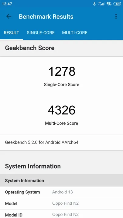 Oppo Find N2 Geekbench Benchmark результаты теста (score / баллы)