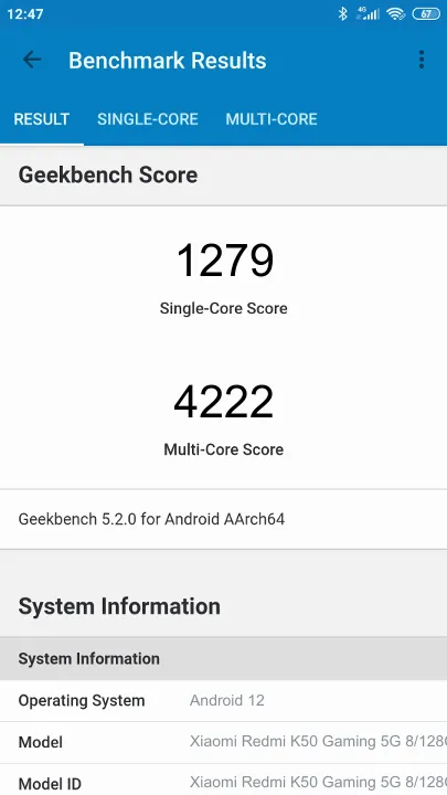 Xiaomi Redmi K50 Gaming 5G 8/128GB Geekbench Benchmark результаты теста (score / баллы)