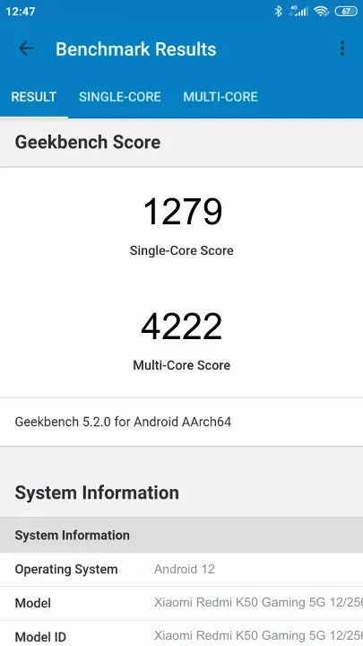 Xiaomi Redmi K50 Gaming 5G 12/256GB Geekbench Benchmark результаты теста (score / баллы)