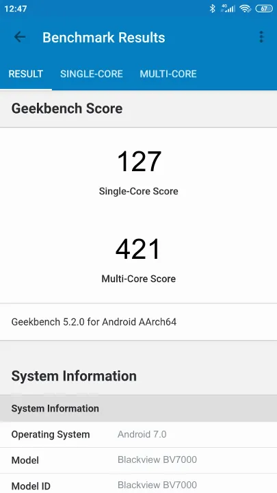 Blackview BV7000 Geekbench Benchmark результаты теста (score / баллы)