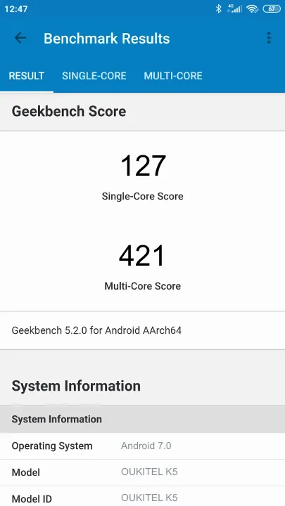 OUKITEL K5 Geekbench Benchmark результаты теста (score / баллы)