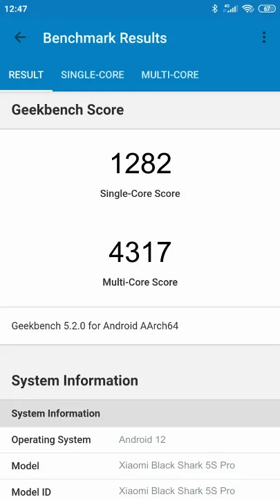 Xiaomi Black Shark 5S Pro Geekbench Benchmark результаты теста (score / баллы)