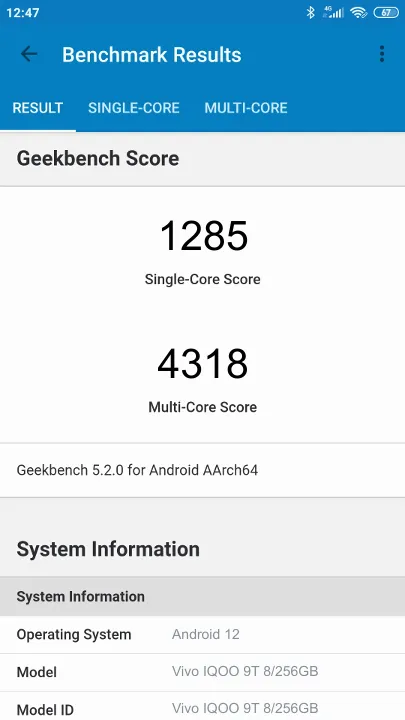 Vivo IQOO 9T 8/256GB Geekbench Benchmark результаты теста (score / баллы)