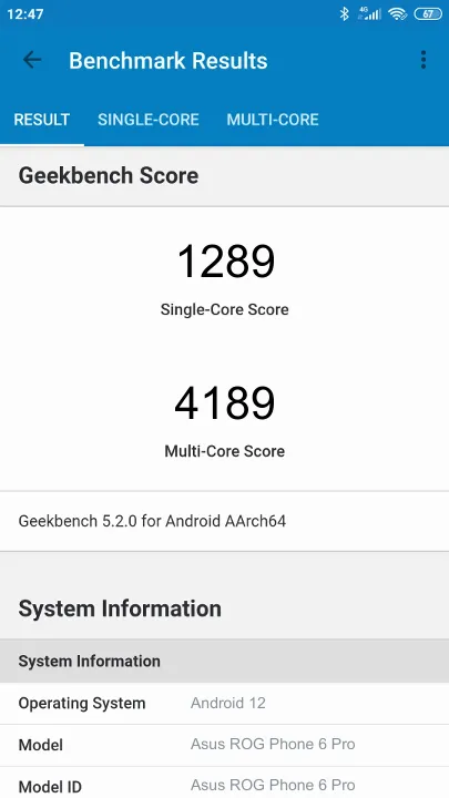 Asus ROG Phone 6 Pro 18/256GB Geekbench Benchmark результаты теста (score / баллы)