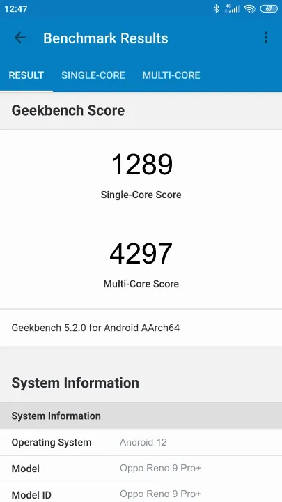 Oppo Reno 9 Pro+ Geekbench Benchmark результаты теста (score / баллы)