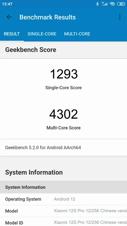 Xiaomi 12S Pro 12/256 Chinese version Geekbench Benchmark результаты теста (score / баллы)